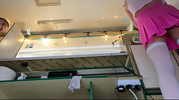 Sexy young chick showing her cunt at work