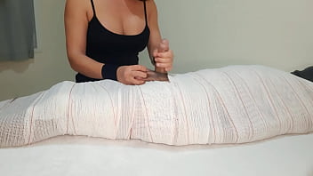 Part2 mummified handjob with interruption of cum for two minutes