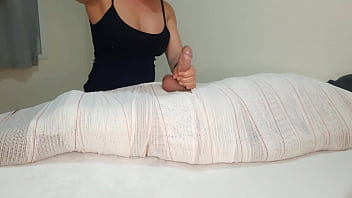 Part2 mummified handjob with interruption of cum for two minutes