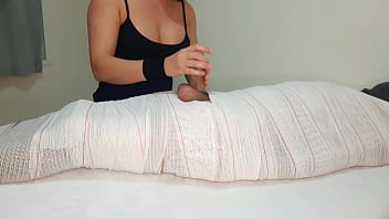 Part2 mummified handjob with interruption of cum for two minutes