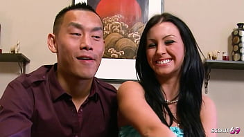 Inked black hair beauty girl with natural flopps tits pick up for first time casting fuck by asian guy