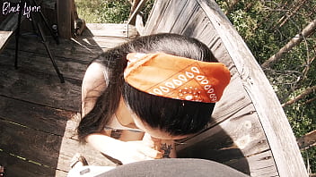 Risky outdoor facefuck and cum in throat we did it at the hunting tower