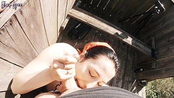 Risky outdoor facefuck and cum in throat we did it at the hunting tower