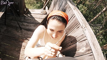 Risky outdoor facefuck and cum in throat we did it at the hunting tower