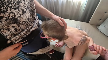 Insatiable cock addict sucks two guys deepthroat cum swallowing