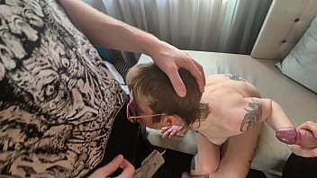 Insatiable cock addict sucks two guys deepthroat cum swallowing