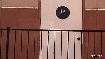 Nymphomaniac blonde teen bitch at cheating bj with big black cock on public toilete trough glory hole