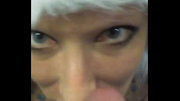 Submissive girl vilja in panda hat delivers a sloppy pov bathroom deepthroat blowjob with face fuck spit and cum drenched face