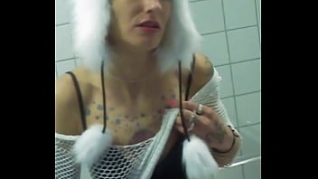 Submissive girl vilja in panda hat delivers a sloppy pov bathroom deepthroat blowjob with face fuck spit and cum drenched face