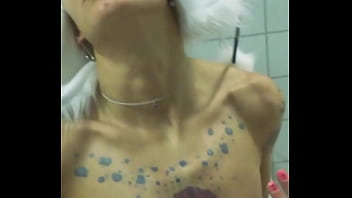 Submissive girl vilja in panda hat delivers a sloppy pov bathroom deepthroat blowjob with face fuck spit and cum drenched face