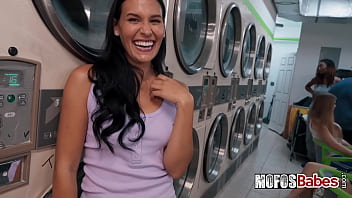 Naughty yet very horny big tit black haired girl fucked while doing her laundry