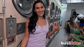 Naughty yet very horny big tit black haired girl fucked while doing her laundry