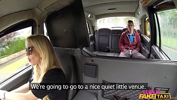 Female fake taxi busty cougar makes a thin student earn his ride
