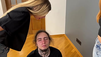 Extreme humiliation with spitting on slave's face and insults from merciless mistresses