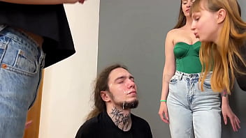 Extreme humiliation with spitting on slave's face and insults from merciless mistresses