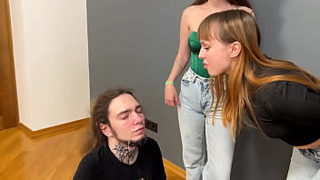 Extreme humiliation with spitting on slave's face and insults from merciless mistresses