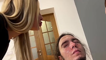 Extreme humiliation with spitting on slave's face and insults from merciless mistresses