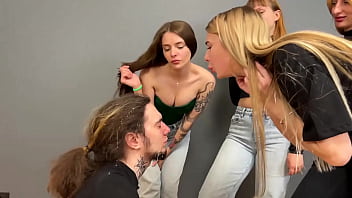 Extreme humiliation with spitting on slave's face and insults from merciless mistresses