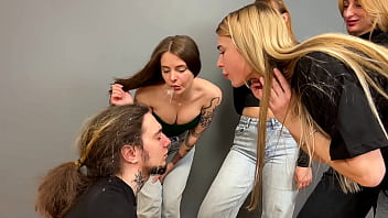 Extreme humiliation with spitting on slave's face and insults from merciless mistresses