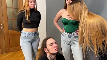 Extreme humiliation with spitting on slave's face and insults from merciless mistresses