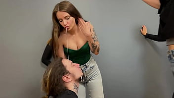 Extreme humiliation with spitting on slave's face and insults from merciless mistresses