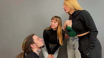 Extreme humiliation with spitting on slave's face and insults from merciless mistresses