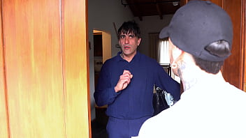 The delivery man arrives to deliver an order and i grab him really hard in front of my friends