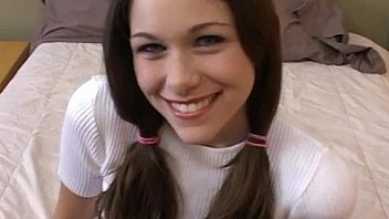 Petite teen in pigtails sucks and fucks