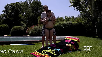 Ecstatic summertime busty redhead fucks pool boy