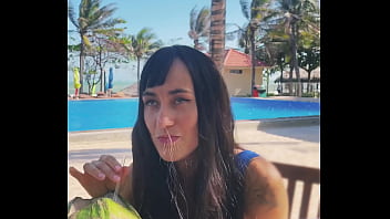 Sexy beauty girl and coconut poolside beautiful alert