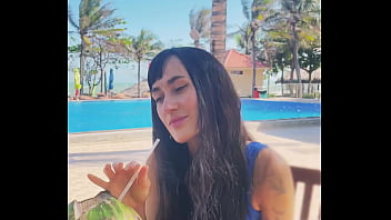 Sexy beauty girl and coconut poolside beautiful alert