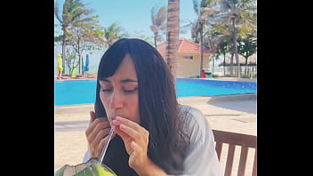 Sexy beauty girl and coconut poolside beautiful alert