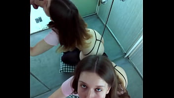 Pretty brunette getting rewarded with cum after sucking his dick