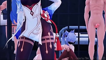 Two slaves enjoy being fucked by four girls