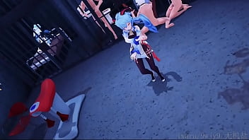 Two slaves enjoy being fucked by four girls