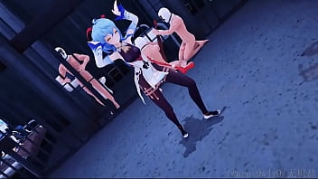 Two slaves enjoy being fucked by four girls