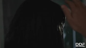 Cock sucking brunette slobbers over massive hard on