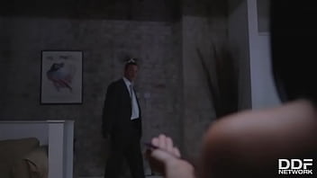 Cock sucking brunette slobbers over massive hard on