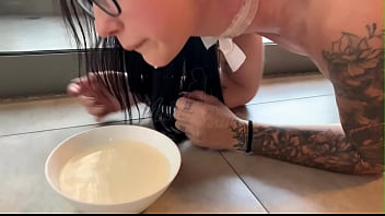 Fiz a minha amiga de gatinha pra lamber todo o leite no meu pé