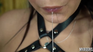 Spitting on big boobs and nipples next masturbate haired pussy