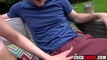 Cuckold husband watching wife fuck her trainer