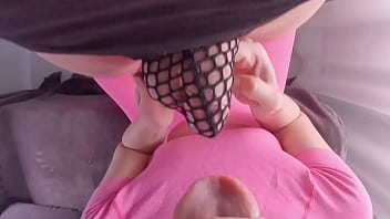 Fishnet panties cock sucking lesson spitting and playing with cum after cumshot female pov blowjob