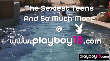 Cute faced blonde babe posing naked in the pool outdoor