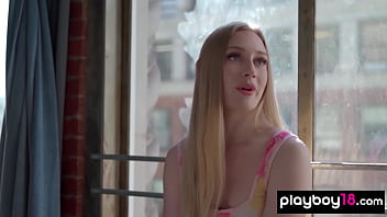 Skinny blondie stripped and caressed her neglected pussy