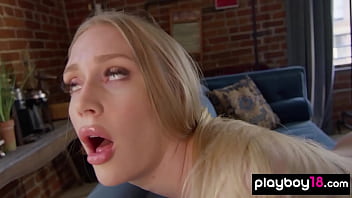 Skinny blondie stripped and caressed her neglected pussy