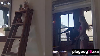 Skinny blondie stripped and caressed her neglected pussy