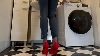 Wetting extremely jeans and red classic high heels and play with pee