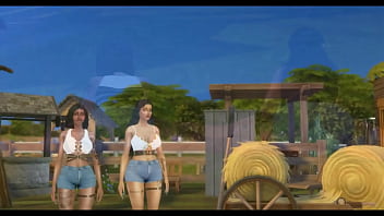 Two ebonies take a big cock on a farm