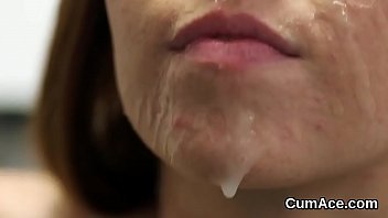 Frisky hottie gets cumshot on her face sucking all the cream