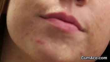 Frisky hottie gets cumshot on her face sucking all the cream